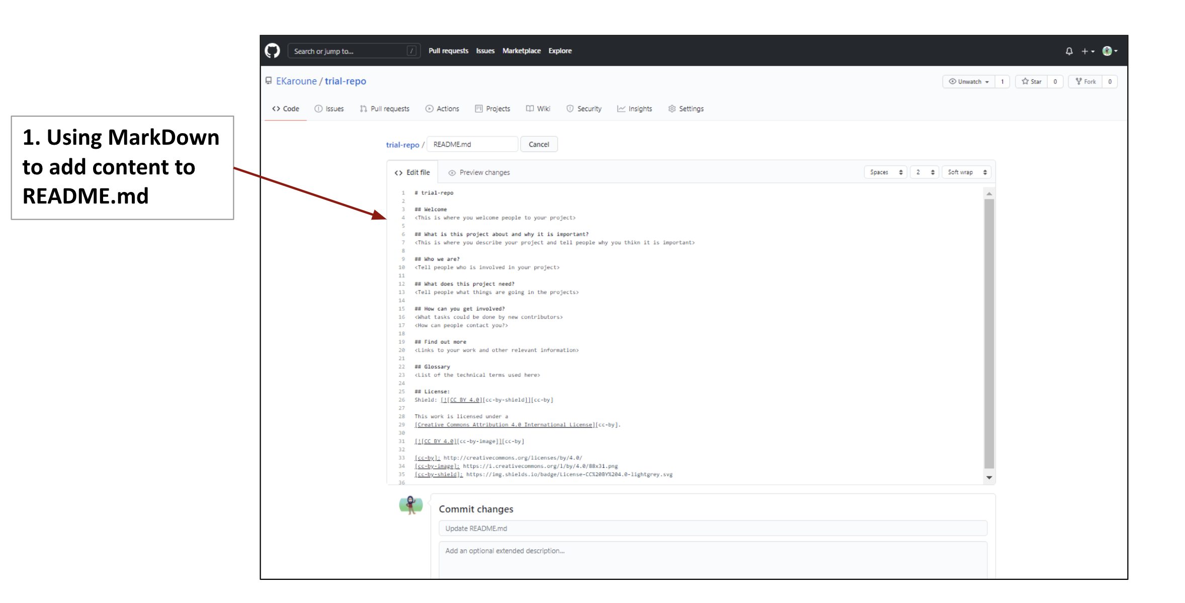 Annotated diagram of README.md file in edit mode – with a template added. Features are explained in the figure legend.