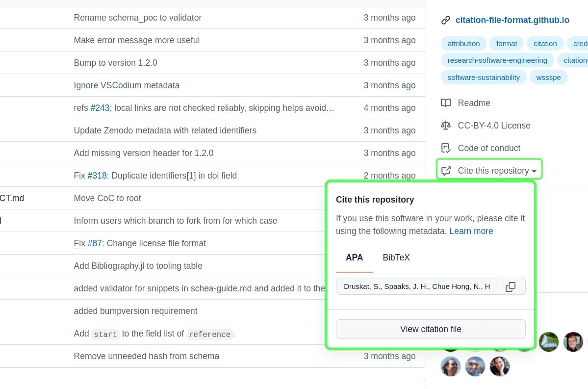 Button on GitHub that provides automatically conversion of the `CITATION.cff` file to APA's and BibTex's format.